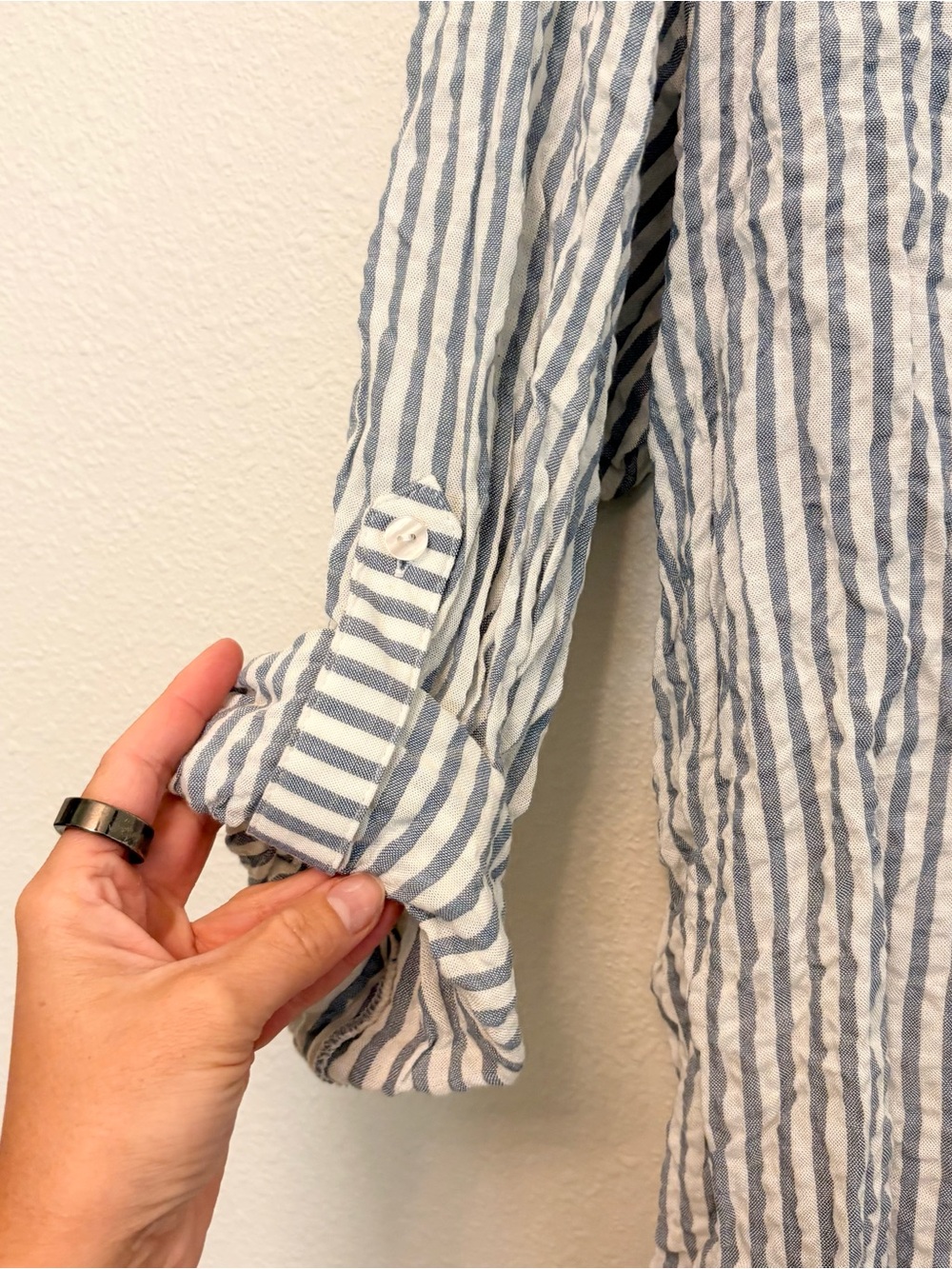 Jane + Delancey Button Tunic Womens Size 1X Blue Stripe Roll Tab Sleeve Casual - Picture 3 of 7